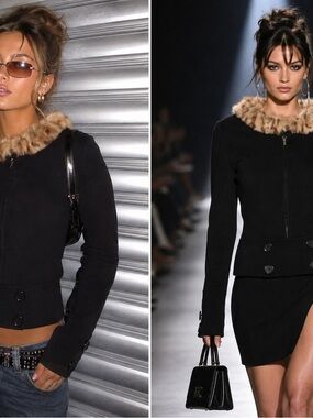 Vintage Cache Black Zip Up Button Sweater Real Fur Collar Women Sz M Silk Blend